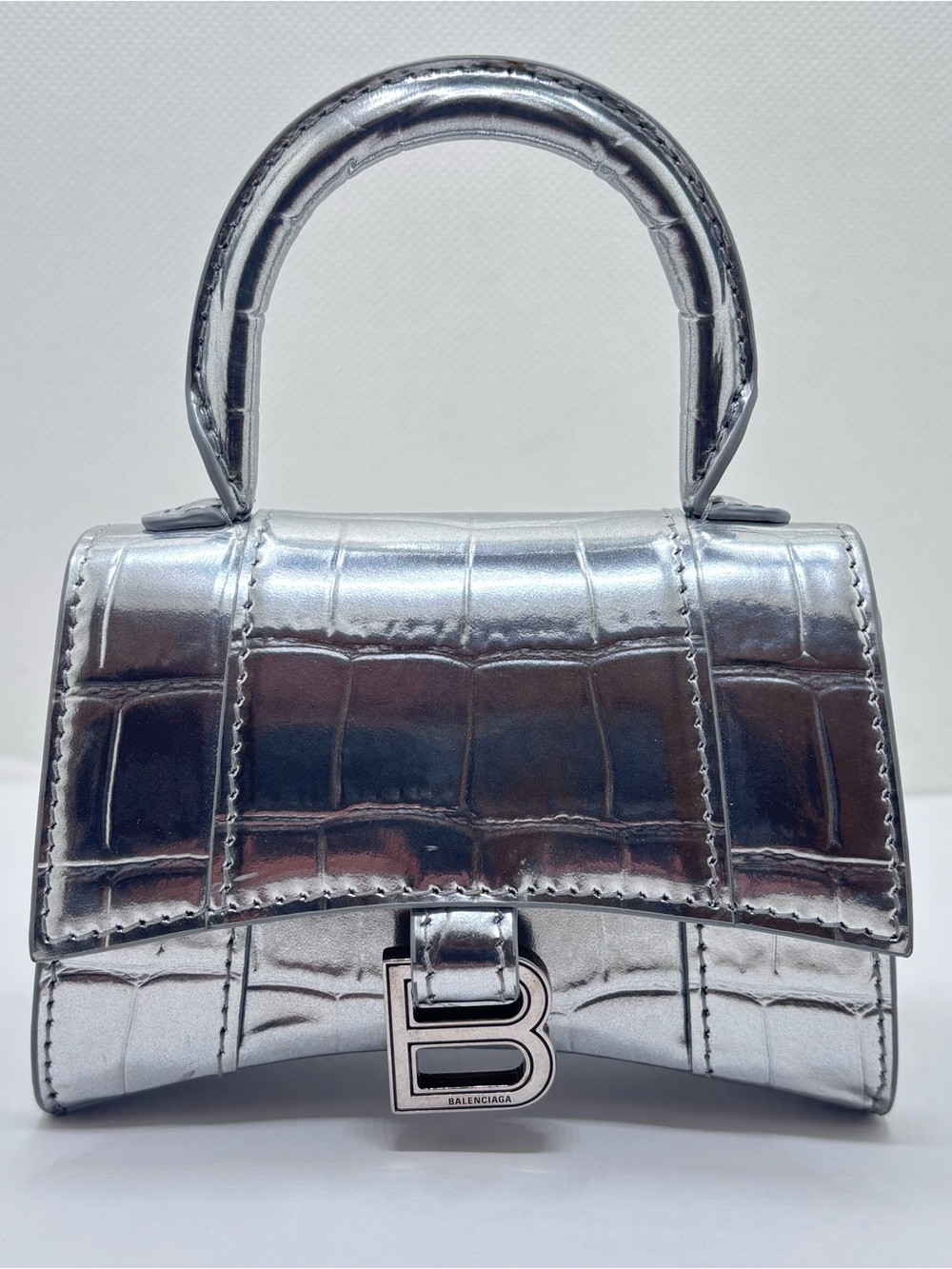 Balenciaga Metallic Silver Hourglass Croc-Embossed Mini Top-Handle Bag